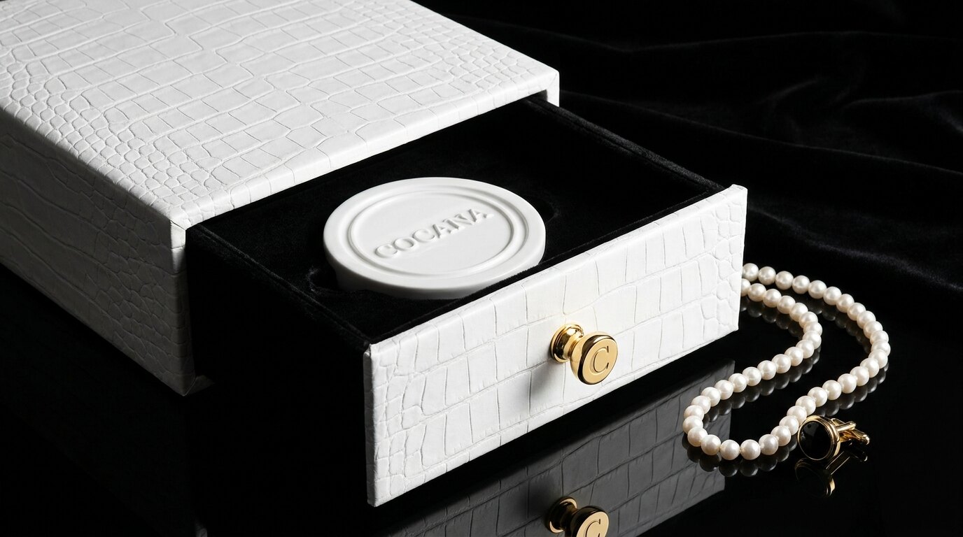 The COCANA drawer box in white crocodile leather with a black velvet interior and a gold pull knob