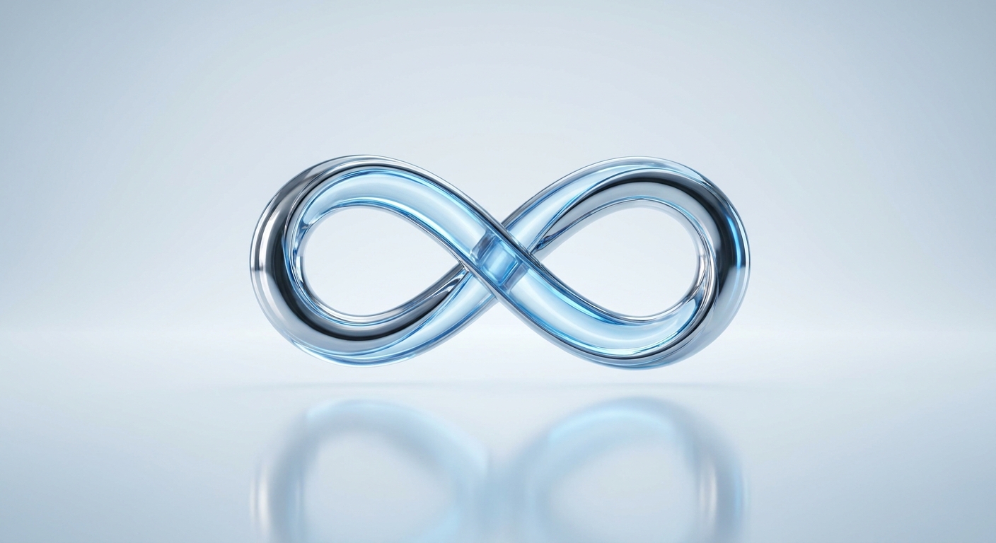 A chrome and glass infinity symbol with electric-blue reflections — the LIMITLESS state object